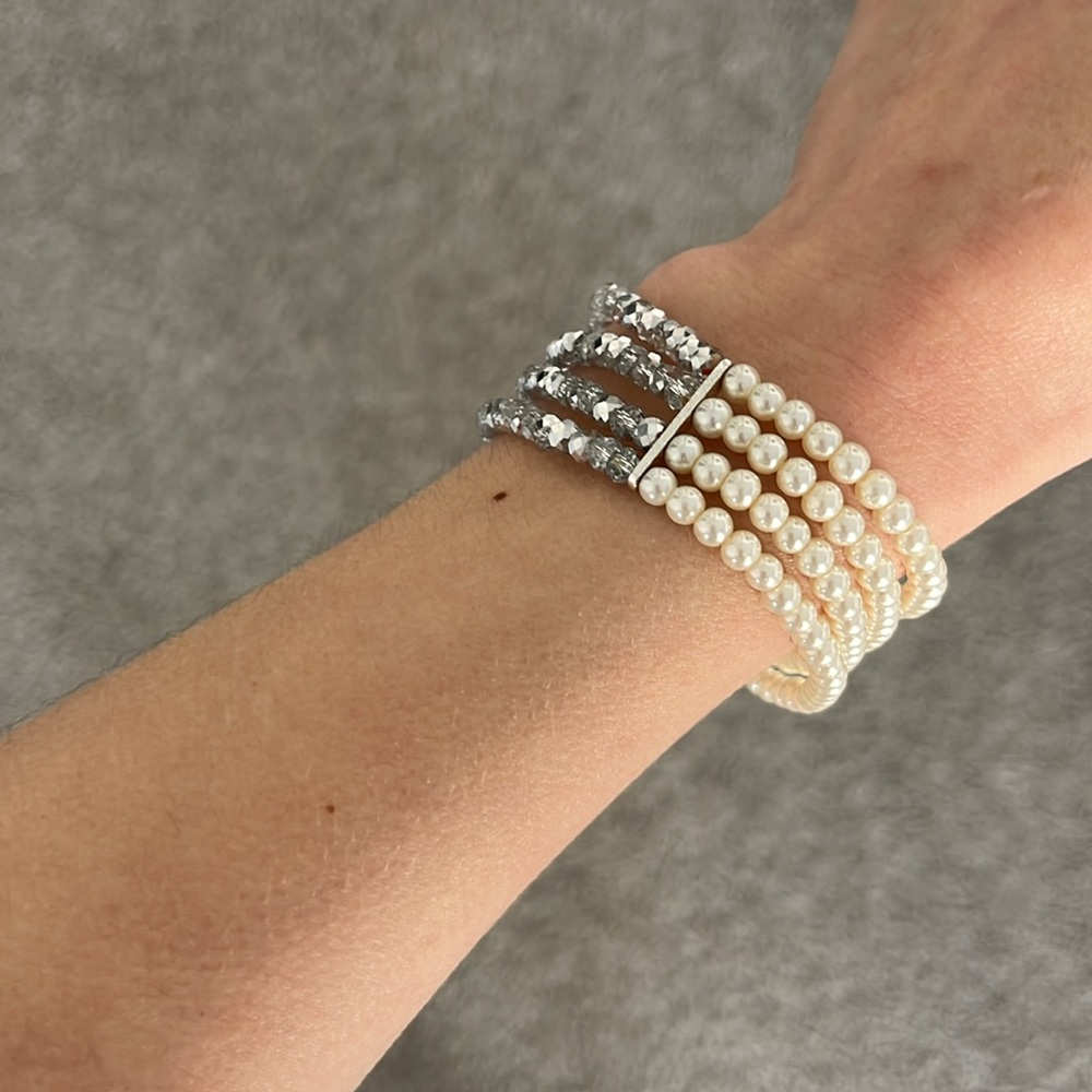 Stacked pearl and bead bracelet